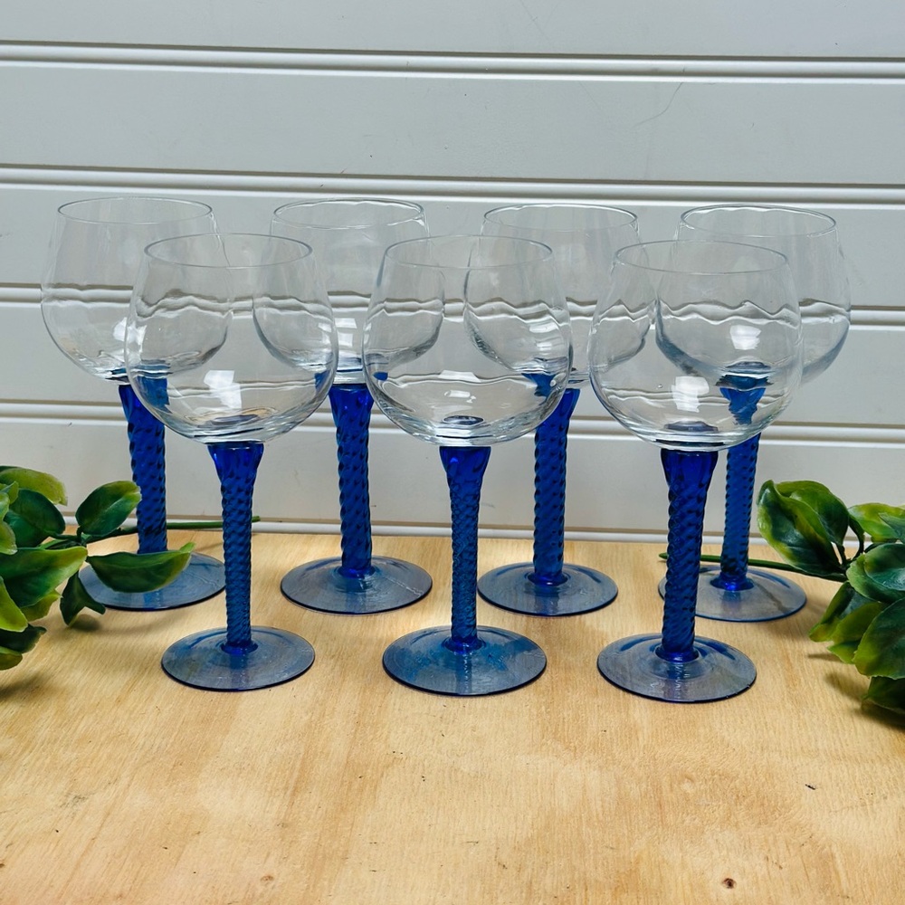 Vintage Cobalt Blue Twisted Stem Balloon Wine Glasses (Set of 7) Holds 4 oz